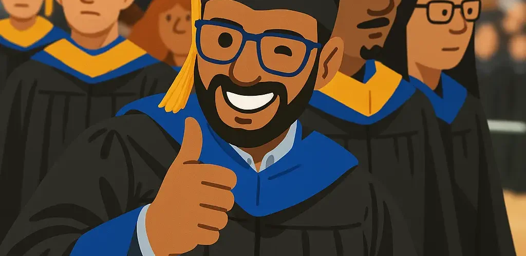 thumbs up winking grad student at graduation in the crowd